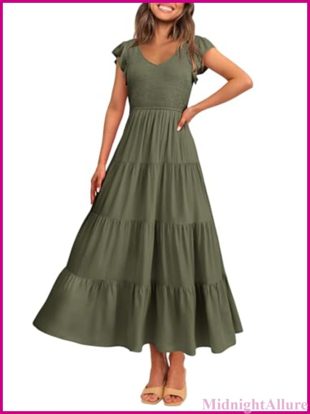 Women's Smocked Flowy Maxi Dress V-Neck Cap Sleeve Tiered Ruffle Summer